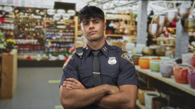Police officer with crossed arms and visible badge standing in a building aisle in a garden store by pottery shelves; duty vigilance.