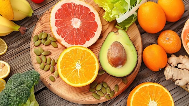 An array of nutritious foods high in vitamin C beautifully arranged on a rustic wooden board, promoting healthy eating and balanced nutrition. Fresh, colorful fruits and vegetables deliver natural vit