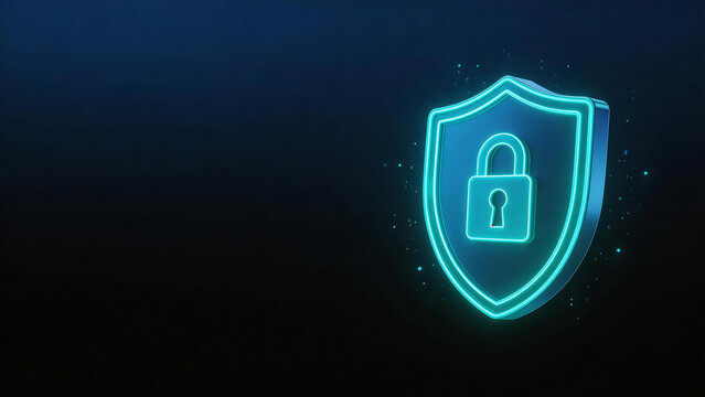 Glowing 3D digital shield with padlock on dark blue tech background, cybersecurity and data privacy concept.