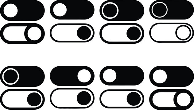 Assortment of toggle switch icons in various states of on and off, representing choices, activation, and user interface elements.