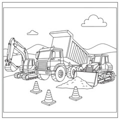 Construction site with excavators dump trucks and safety cones coloring page © Tonni 