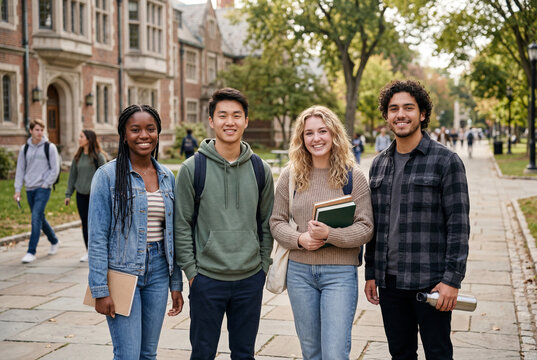 Vibrant campus path welcomes diverse friends on a splendid academic morning