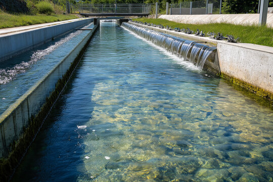 A crystal-clear river flowing through a modern filtration system into a clean city reservoir