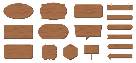 Wooden frame set with hanging board arrow signpost speech bubble and geometric plates in natural brown wood texture and subtle shadow for message display © kona Graphics