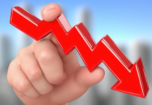 Human hand gripping a vibrant red arrow symbolizing a steep drop, indicating economic downturn, decreasing profits, or a negative trend