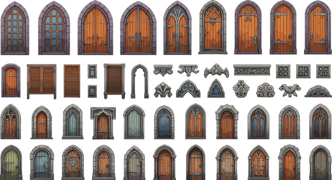 Medieval gothic doors and windows set with stone arches and wooden gates, fantasy architecture elements collection for game design, castles and decorative vector illustration