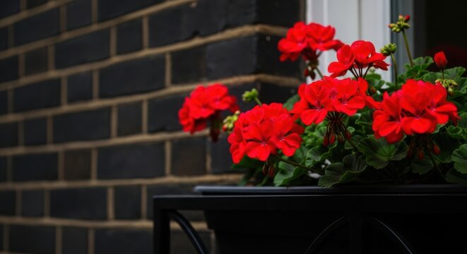 Bright red geraniums in flower box against brick wall, showcasing vibrant blooms with lush green leaves. Beautiful red geraniums create a welcoming ambiance for outdoor spaces and enhance home decor.