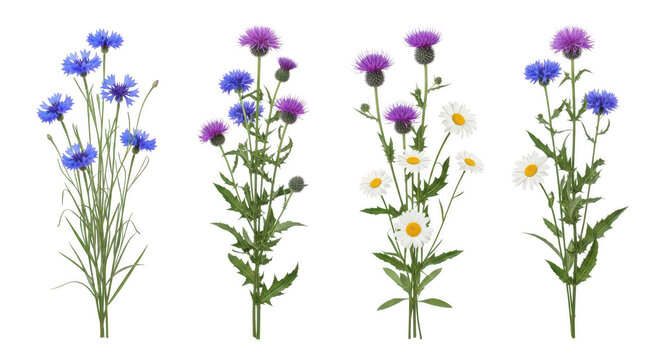 A vibrant bouquet of cornflowers and purple wildflowers in full bloom isolated on transparent background