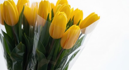 Fototapeta premium Fresh yellow tulips bouquet wrapped in transparent foil on white background. Beautiful yellow tulips showcase vibrant color and fresh appearance, perfect for gifting or decoration.