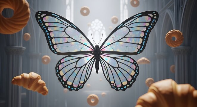 A surreal butterfly with stained glass wings floats amidst a dreamy architectural setting with floating pastries.