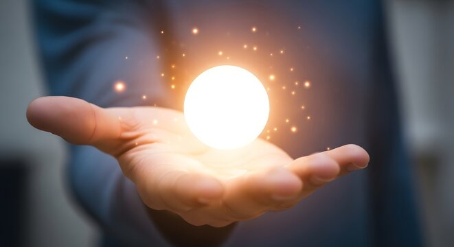 A hand cradles a glowing orb of light, radiating warmth and energy, symbolizing hope and creation