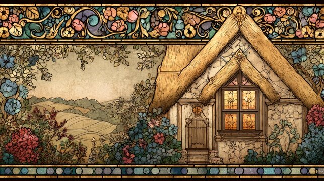 Medieval illuminated manuscript and stained glass fusion featuring a cozy countryside cottage with floral details and golden scrollwork. Soft pastel parchment texture with elegant copy space for vinta