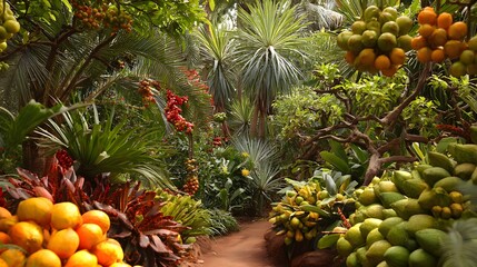 Fototapeta premium Winding path through a vibrant tropical garden showcasing a variety of exotic fruits and plants