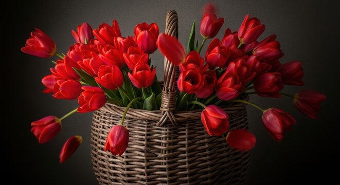 Vibrant red tulips in woven basket display elegance and warmth, creating a perfect bouquet for special occasions.