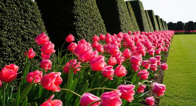 Vibrant pink tulips in well-manicured garden with lush green hedges during sunny day. Garden features colorful blooms of tulips creating stunning landscape atmosphere.