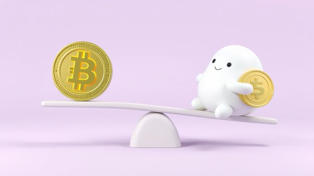 Balance depicts bitcoin, litecoin on seesaw. Digital currency comparison, financial equality concept. Simple illustration, pastel background.
