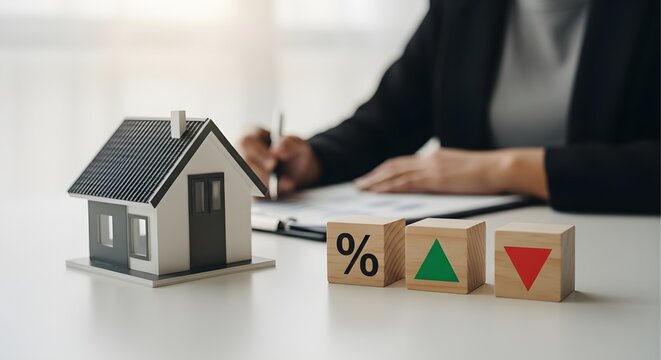 Real estate investment concept with model house person signing documents and wooden blocks with percentage increase and decrease symbols on white table