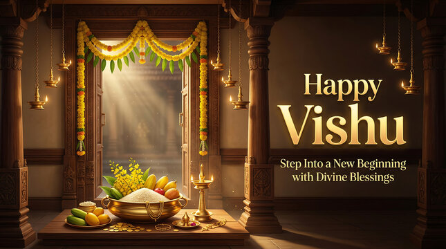 Traditional indian vishu celebration with decorative doorway fruits and flowers symbolizing new beginnings and divine blessings in a warm golden lit atmosphere