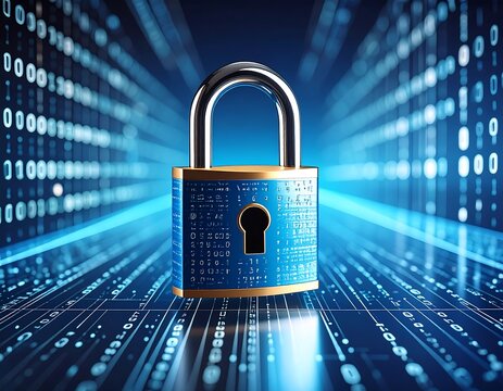 Digital security concept with a blue padlock on a futuristic binary code background