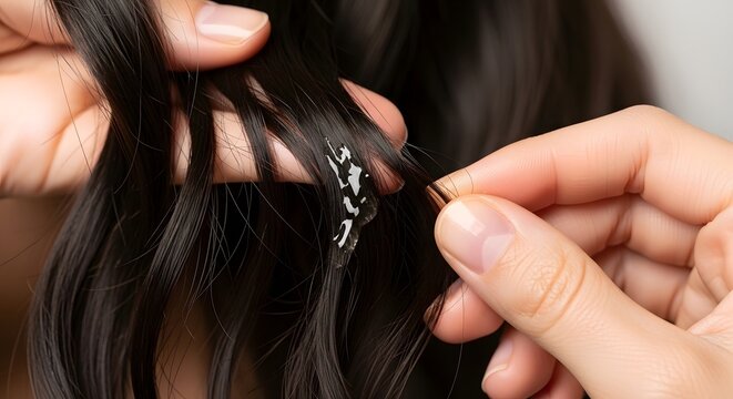 Close-up of hands examining split ends on dark hair, hair damage and repair concept.