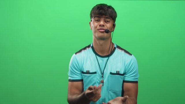 Man referee wearing turquoise jersey with whistle on lanyard and headset, eyes closed, palms open toward camera in studio; frustration appeal.