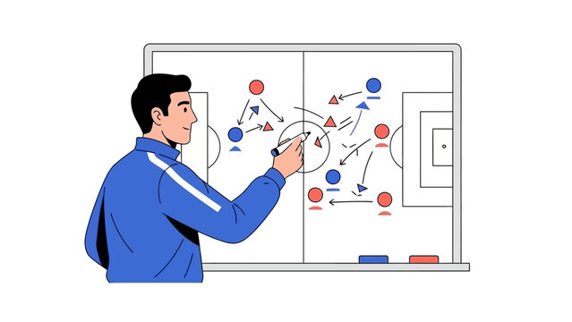 Illustration of a soccer coach in a blue tracksuit drawing a tactical play on a whiteboard with red and blue markers, set against a clean background.