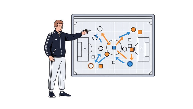 A soccer coach in a black jacket pointing at a tactical board illustration with orange and blue symbols, set against a clean white background, conveying a strategic planning scene.