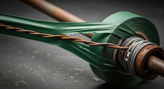 Industrial wire spool with green tape and twisted copper wire attached to metal rod. Industrial wire spool features green tape and copper wire for cable management.