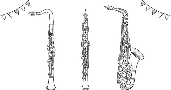Hand drawn vector line art of woodwind musical instruments including bass clarinet oboe and saxophone with festive bunting.