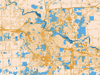 Naklejka premium Street map of Ann Arbor, Michigan in golden linework with blue water