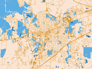 Naklejka premium Urban map poster of Auburn, Alabama with light cream city field with mustard-gold linework and vivid blue lakes, rivers and waterways