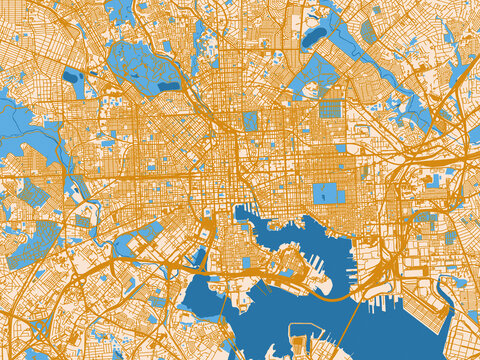 City map poster of Baltimore, Maryland &ndash; golden linework with blue water