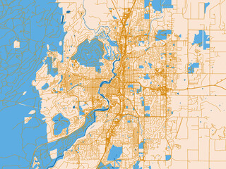 Fototapeta premium City map of Bend, Oregon — soft ivory map base with ochre-gold streets and clear blue water shapes for crisp contrast
