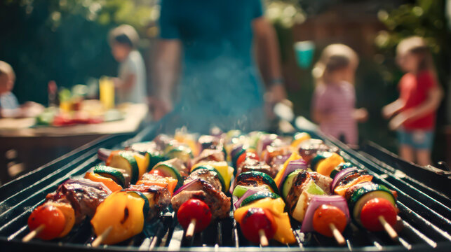 A dad grilling colorful vegetable skewers at a sunny backyard barbecue, kids playing nearby