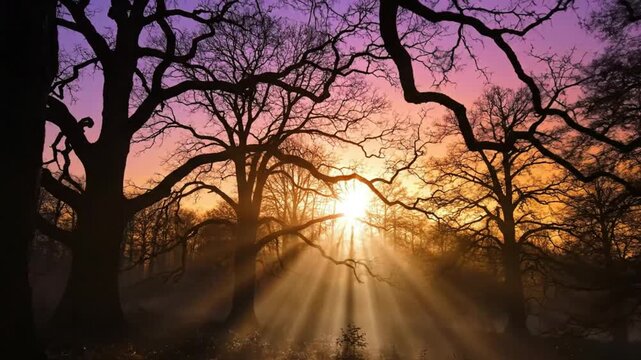 Sunlight rays streaming through ancient trees with vibrant colors in the sunset sky, peaceful landscape