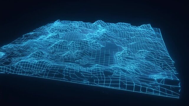 Digital Wireframe Topographical Map in Blue Light on Black Background