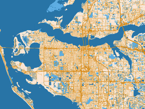 Urban map poster of Bradenton, Florida &ndash; cream map with golden roads