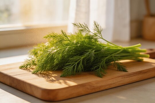 Bouquet d'aneth frais sur une planche &agrave; d&eacute;couper en bois, herbes aromatiques pour la cuisine saine