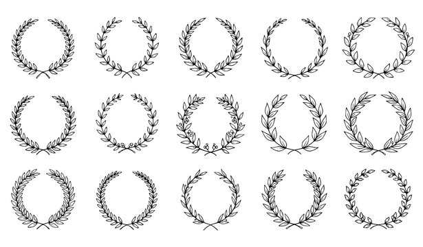 A collection of 15 unique hand drawn laurel wreath illustrations in black on a white background for decorative and design purposes