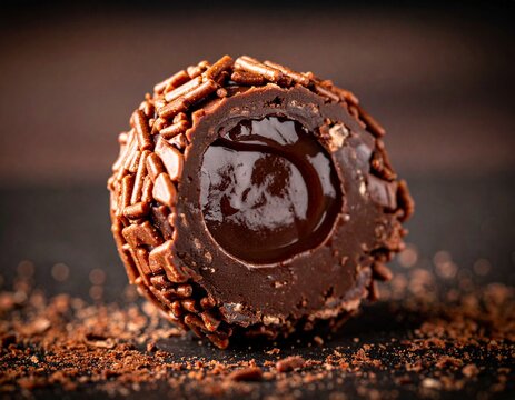 Ultra modern Brazilian brigadeiro dessert with liquid chocolate core revealed in a clean cut, hyper detailed macro texture, soft cinematic shadows, dark luxury background, premium gourmet plating