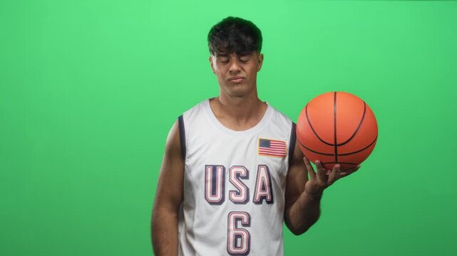 Man holds basketball in right hand in studio wearing usa jersey with flag patch and number 6; uncertainty.