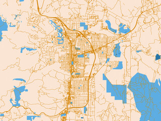 Fototapeta premium Urban map poster of Carson City, Nevada with warm neutral map design featuring golden roads, pale cream land and bright blue water accents