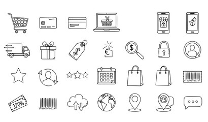 Fototapeta premium E commerce and online shopping icons illustrating various aspects of digital transactions and retail