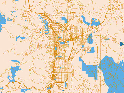 Urban map poster of Carson City, Nevada with warm neutral map design featuring golden roads, pale cream land and bright blue water accents