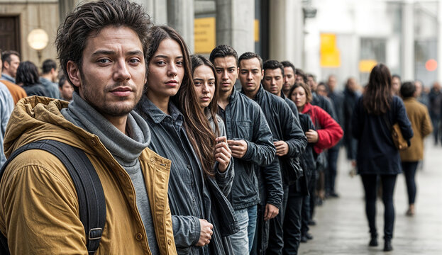 long line of customers in front of a shop