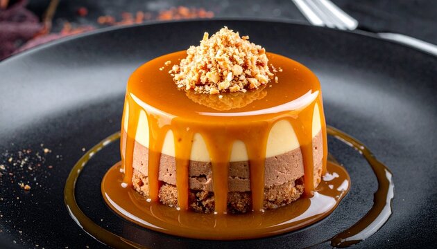 Caramelized condensed milk Brazilian dessert (doce de leite inspired), thick golden caramel dripping over layered mousse, crunchy nut crumble, dramatic lighting
