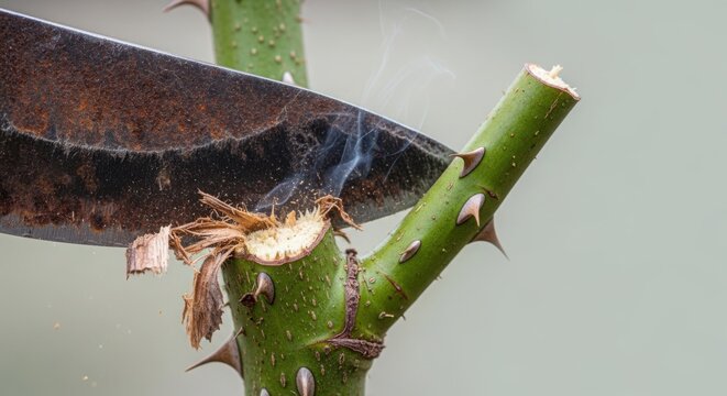 Close-up of knife cutting through green rose stem showing thorns and wood shavings. Cutting process reveals sharpness of blade and details of stem structure.