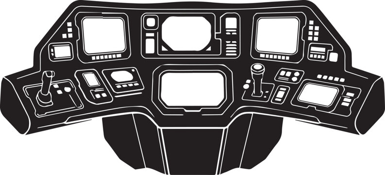 Spaceship cockpit dashboard vector illustration with control panels and monitor line art