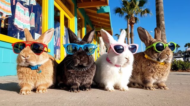 Four domestic rabbits in different fur colors wearing colorful sunglasses and collars sitting in a row on a sunny sidewalk in front of a bright blue and yellow beach town shop window.
