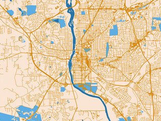 Fototapeta premium Urban map poster of Columbus, Georgia with warm cream background with golden road lines and bright blue water in a clean flat cartographic style